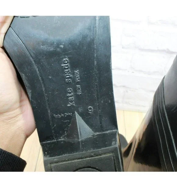 Kate Spade Black Glossy Rubber Pull On Knee High Rain Boots Size 9 - Picture 9 of 10